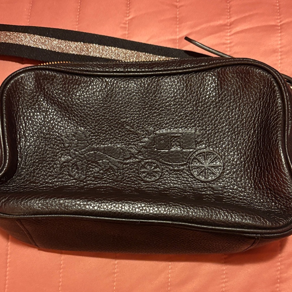 Coach Black Crossbody Camera Bag with Gold Accents & Silver Strap